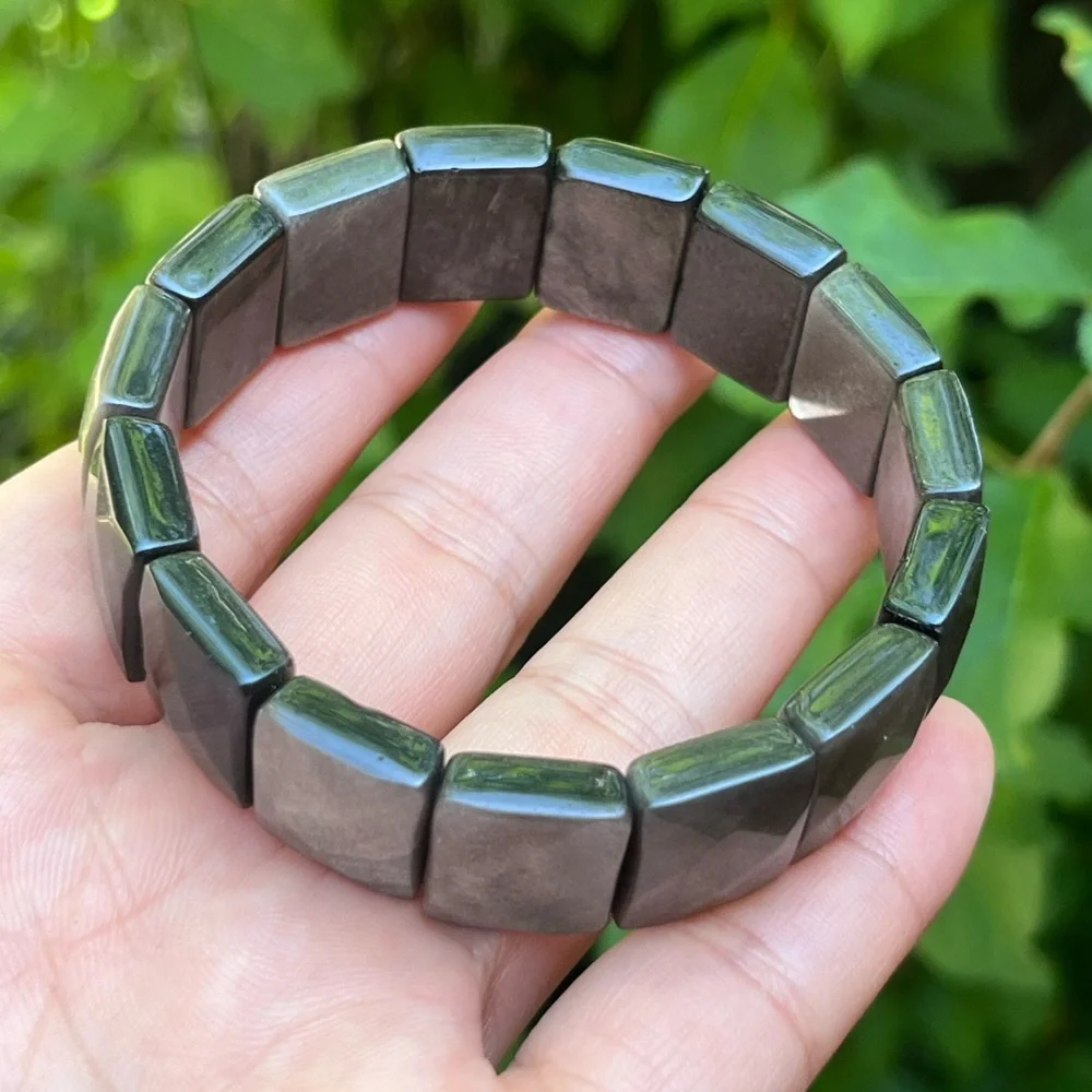 Stretchable‎ faceted silver obsidian soft bangle